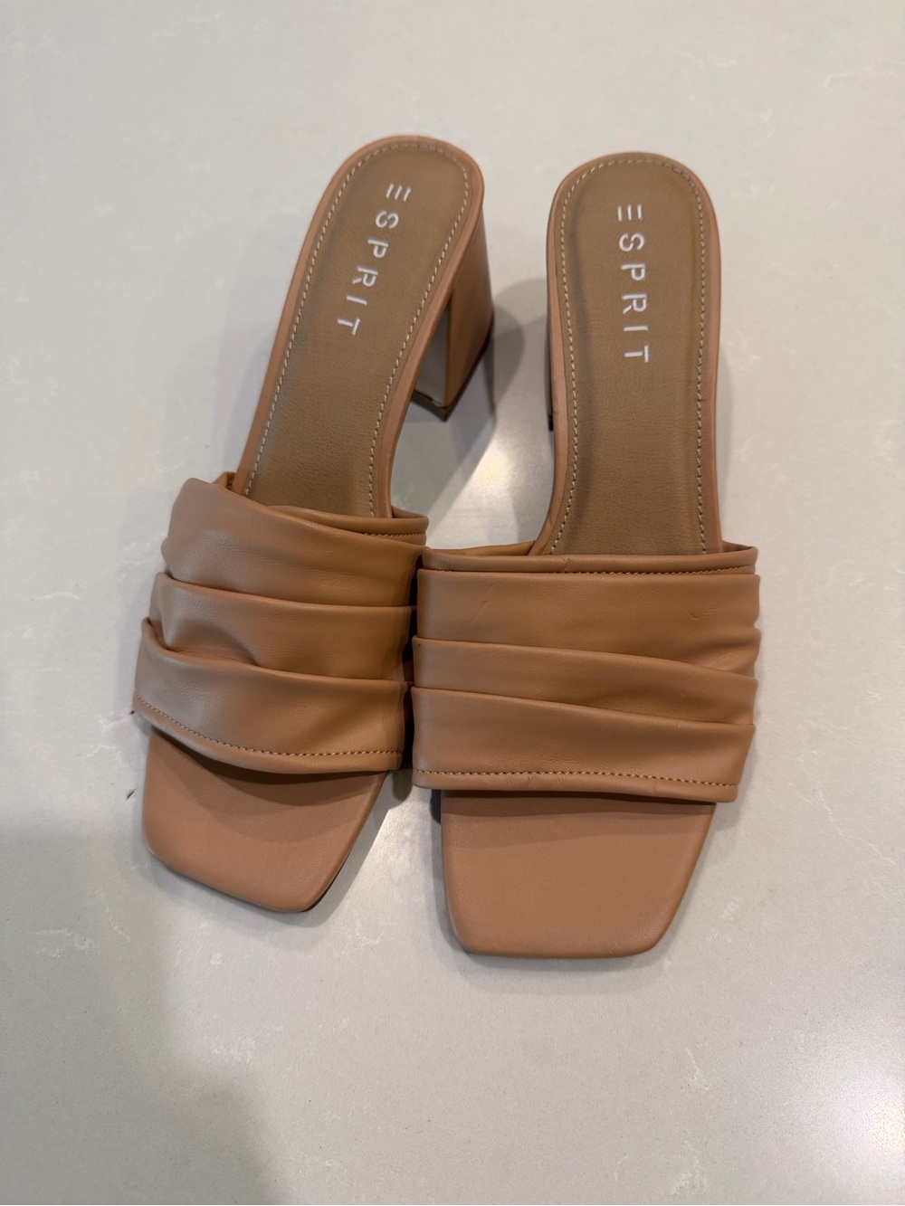 Esprit Tan Ruched Block Heel Slide Sandals
